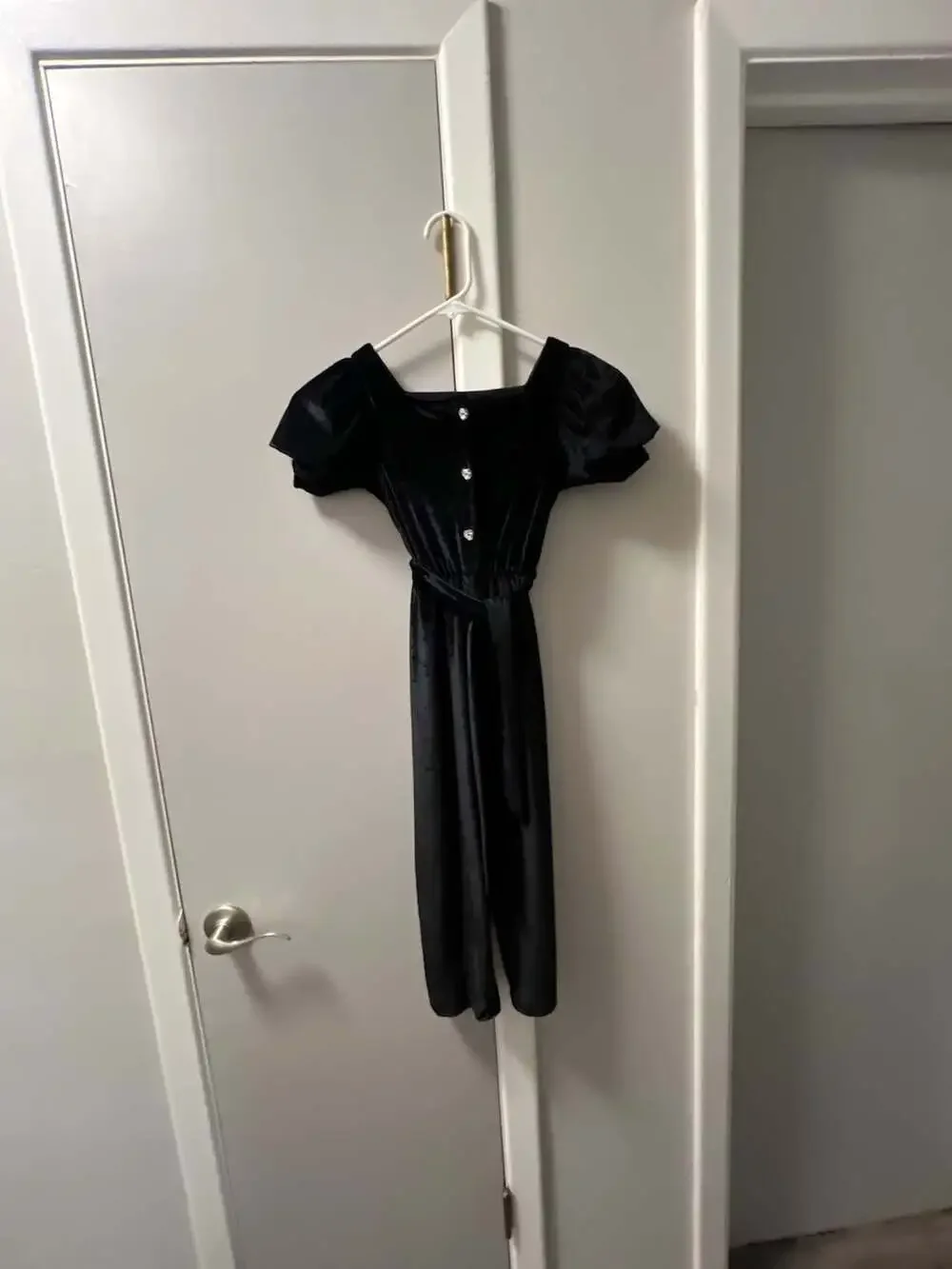 Zara Black Velvet Puff Sleeve Jumpsuit with Crystal Buttons Size 6